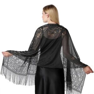 Elegant Black Lace Shawl with Fringe